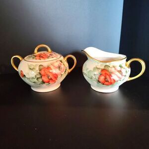 Z.S. & Co Poppy Creamer Sugar Bowl Set Bavaria Vintage Pink 1880s to Early 1900s